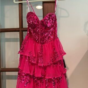 Lulu's Fuchsia Sequin Tiered Spaghetti-Strap Mini Dress